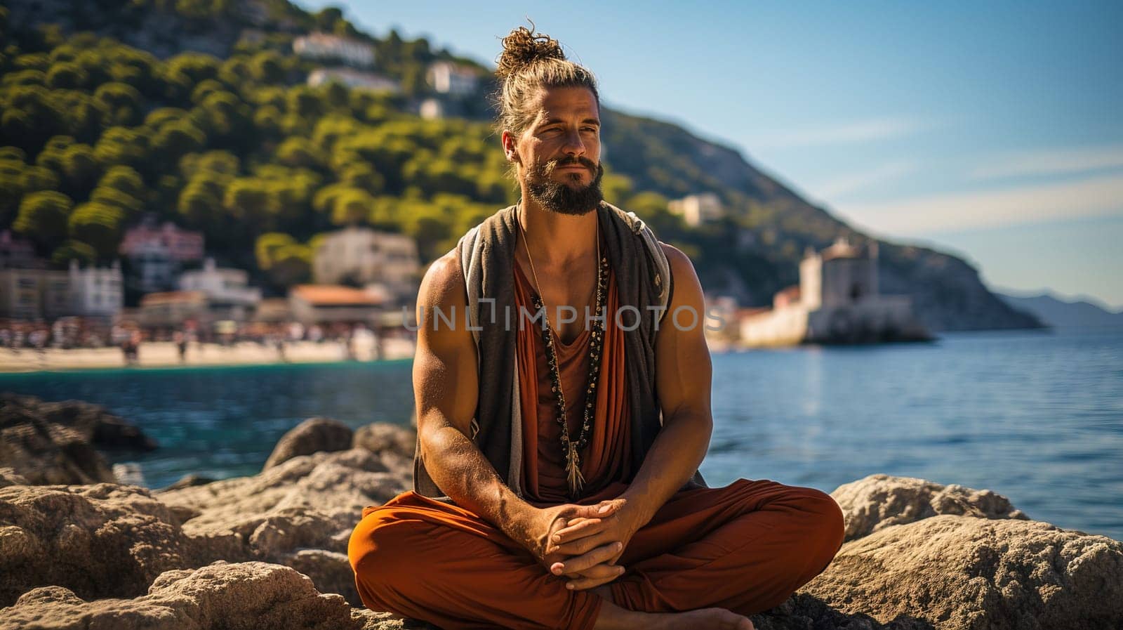 Portrait of a calm man relaxing sitting by the water. Yoga concept