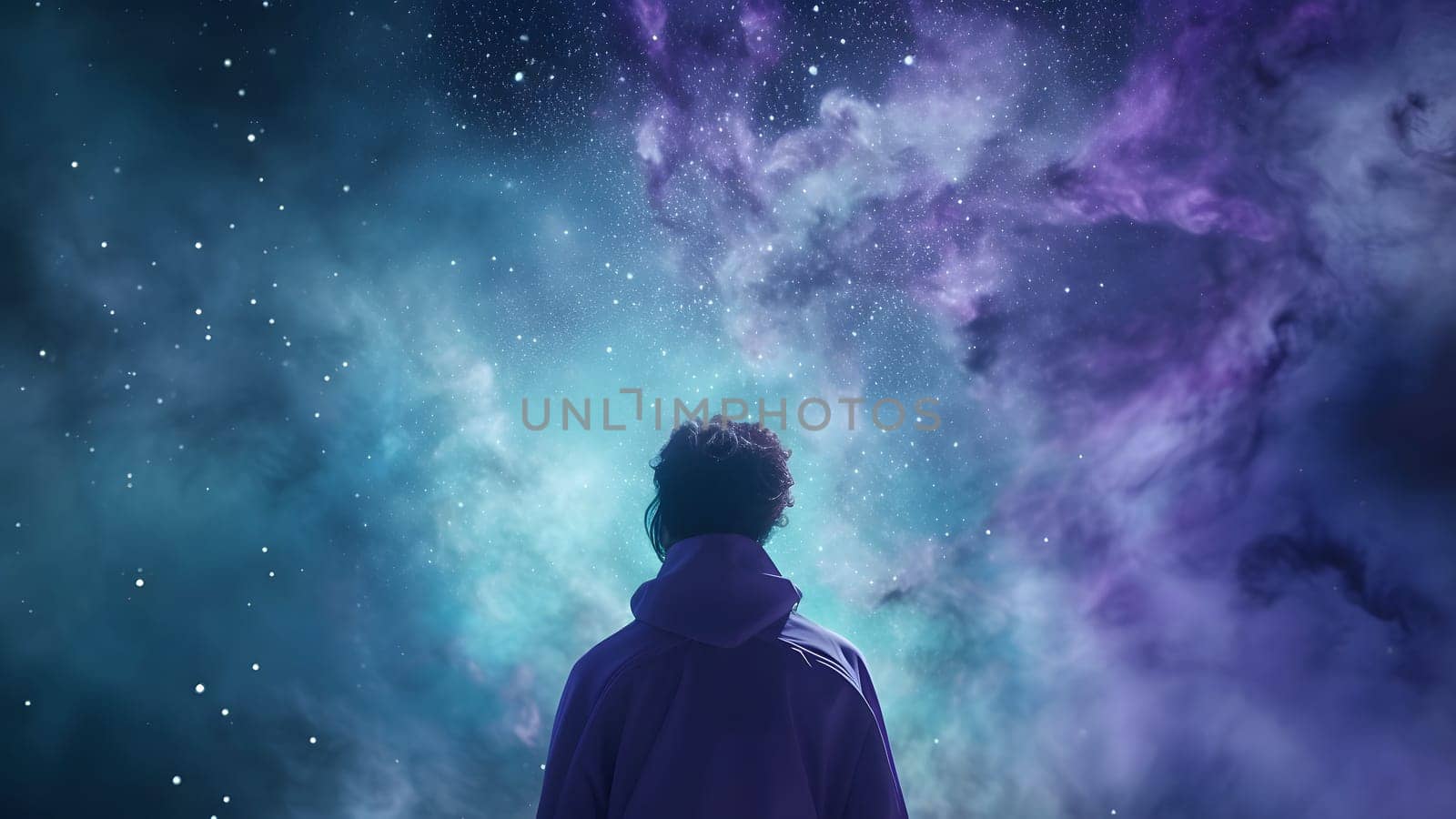 human figure in front of spectacular cosmic nebula background. Neural network generated in May 2023. Not based on any actual scene or pattern.