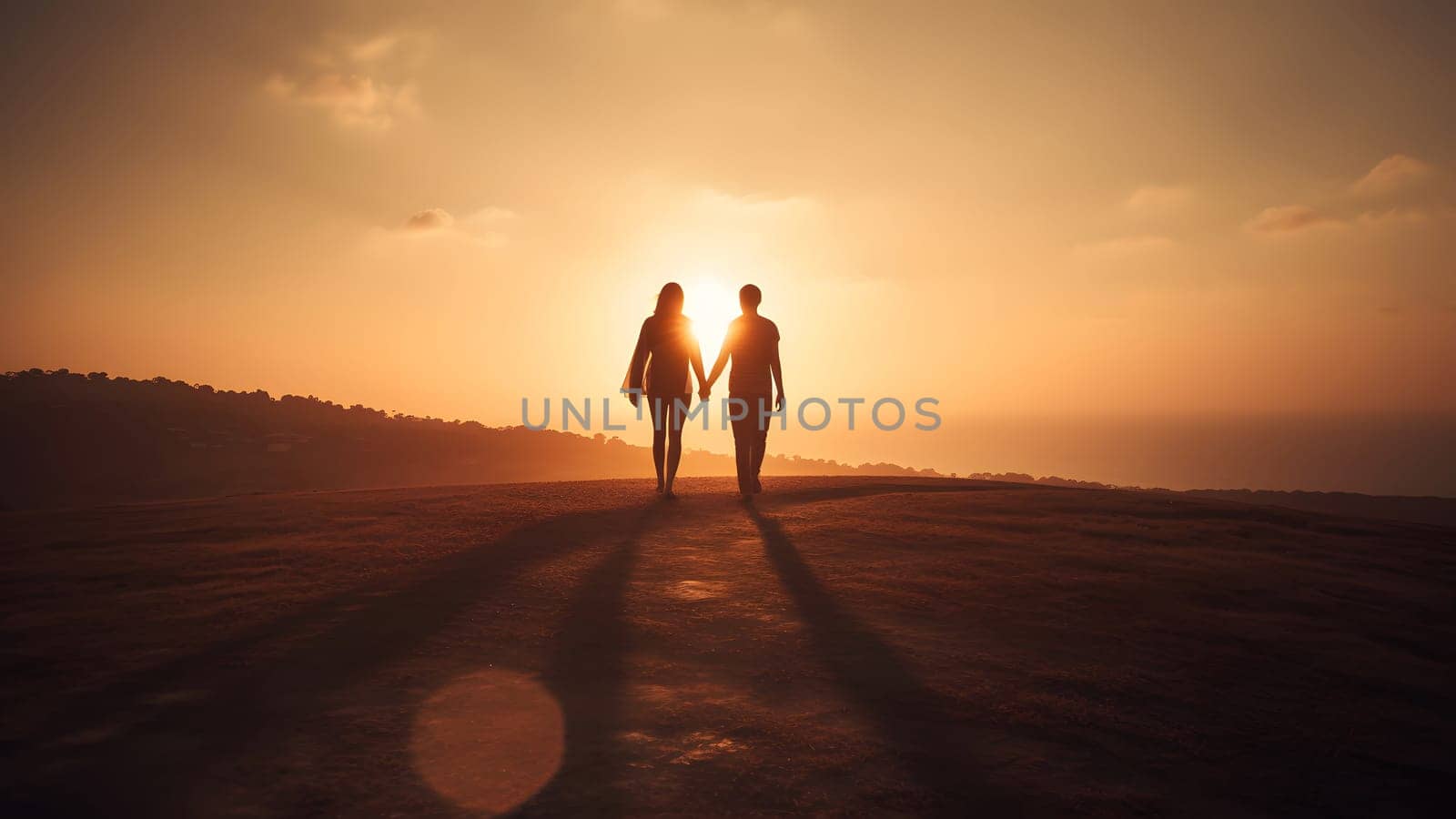 A heterosexual human couple silhouettes holding hands and walking towards dawn at summer field. Neural network generated in May 2023. Not based on any actual person, scene or pattern.