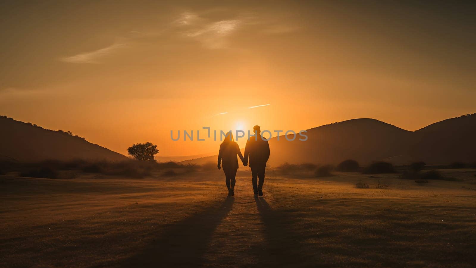 A heterosexual human couple silhouettes holding hands and walking towards dawn at summer field. Neural network generated in May 2023. Not based on any actual person, scene or pattern.