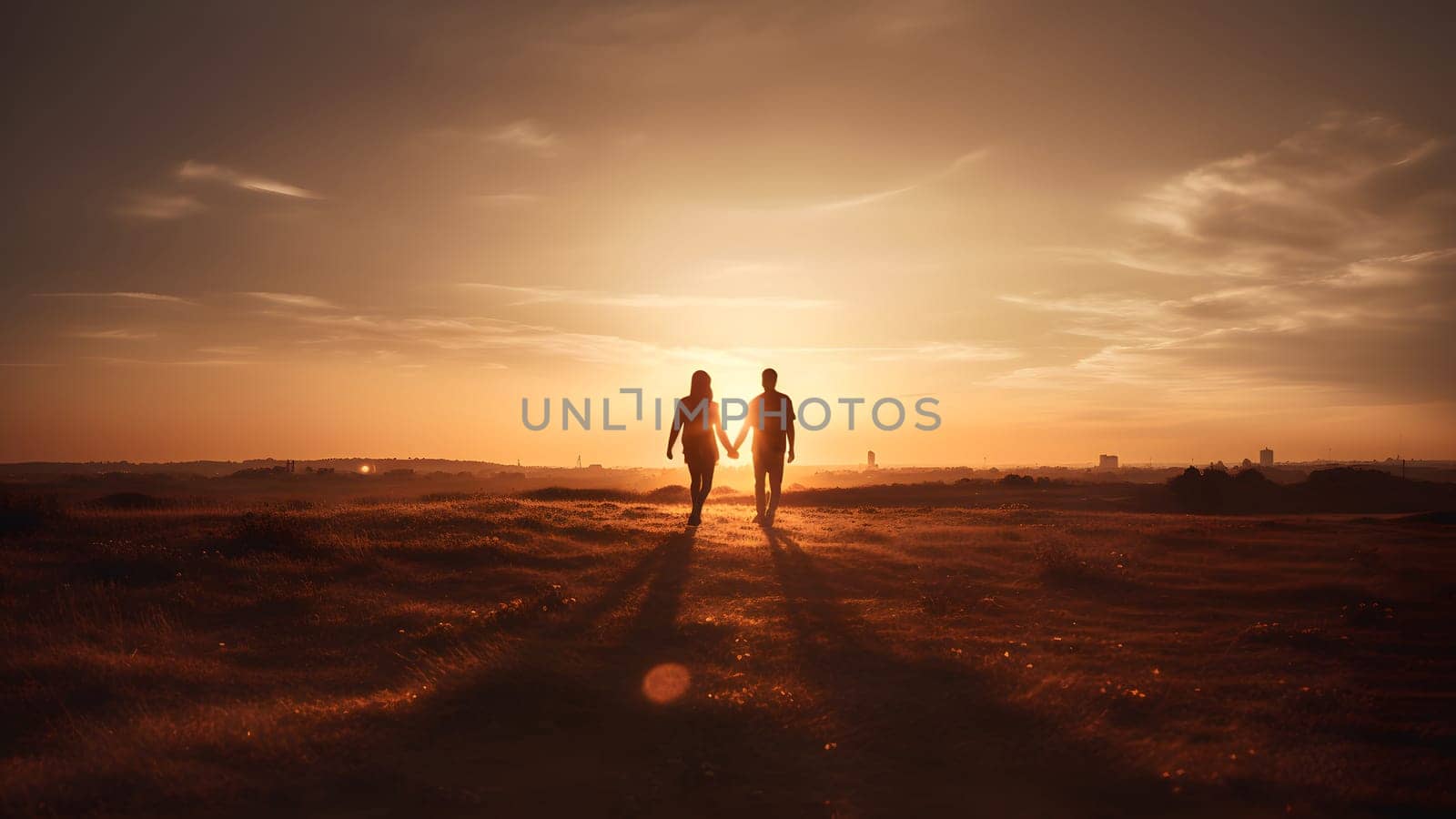 A heterosexual human couple silhouettes holding hands and walking towards dawn at summer field. Neural network generated in May 2023. Not based on any actual person, scene or pattern.