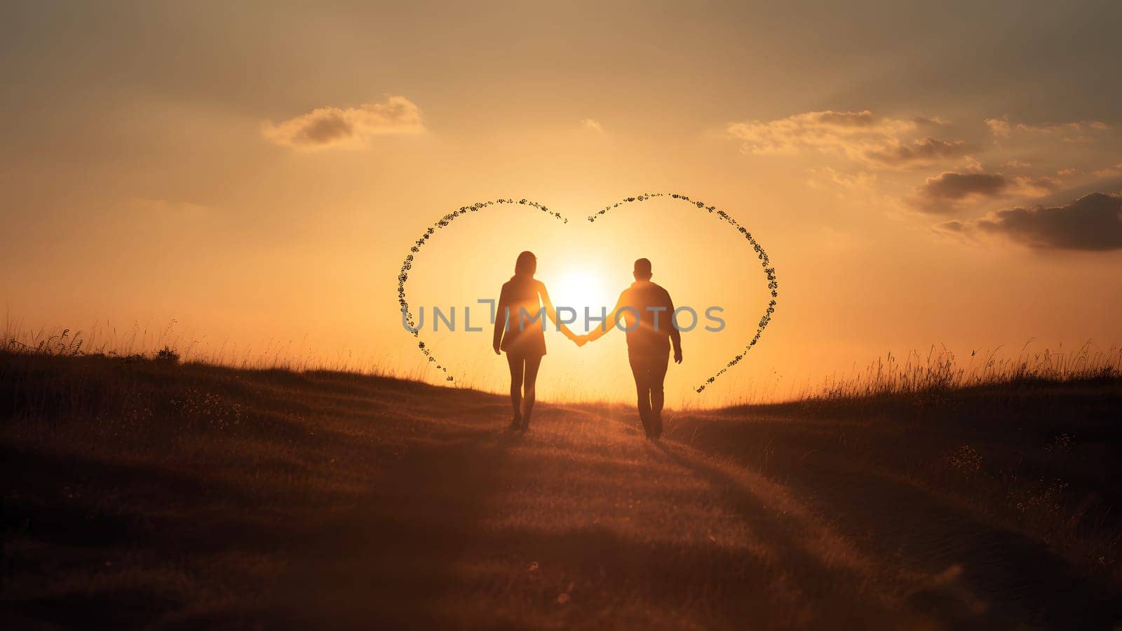 A heterosexual human couple silhouettes holding hands and walking towards dawn at summer field. Neural network generated in May 2023. Not based on any actual person, scene or pattern.