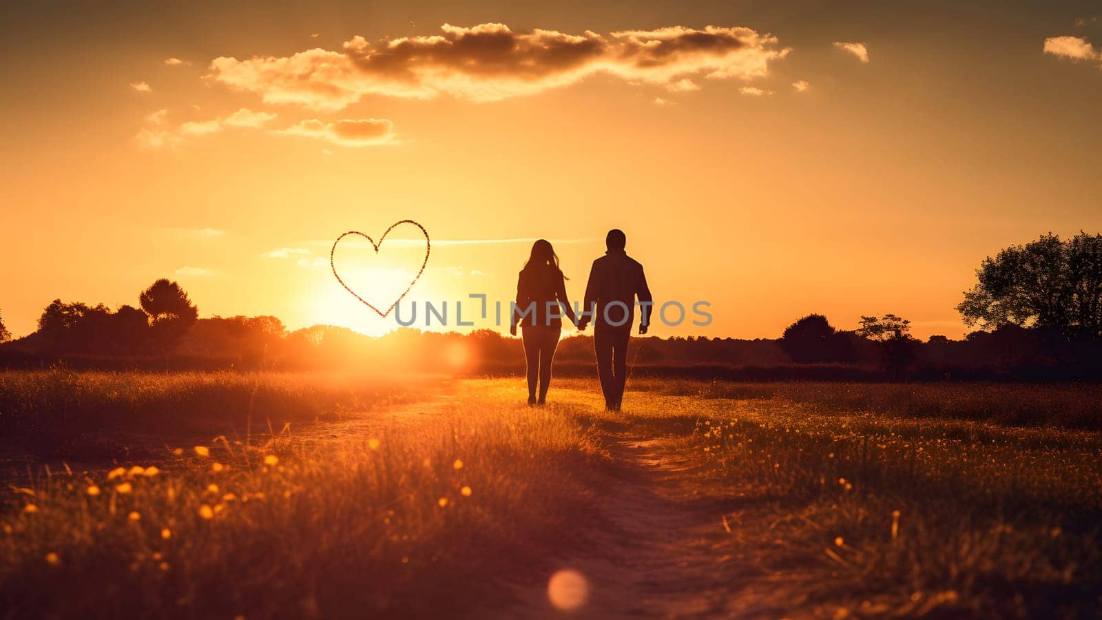 A heterosexual human couple silhouettes holding hands and walking towards dawn at summer field. Neural network generated in May 2023. Not based on any actual person, scene or pattern.