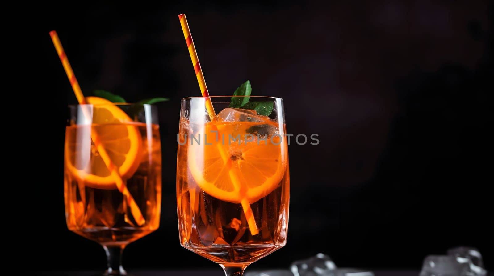 orange alcohol coctail aperitif with oranges and ice in glass with straws. Neural network generated in May 2023. Not based on any actual scene or pattern.