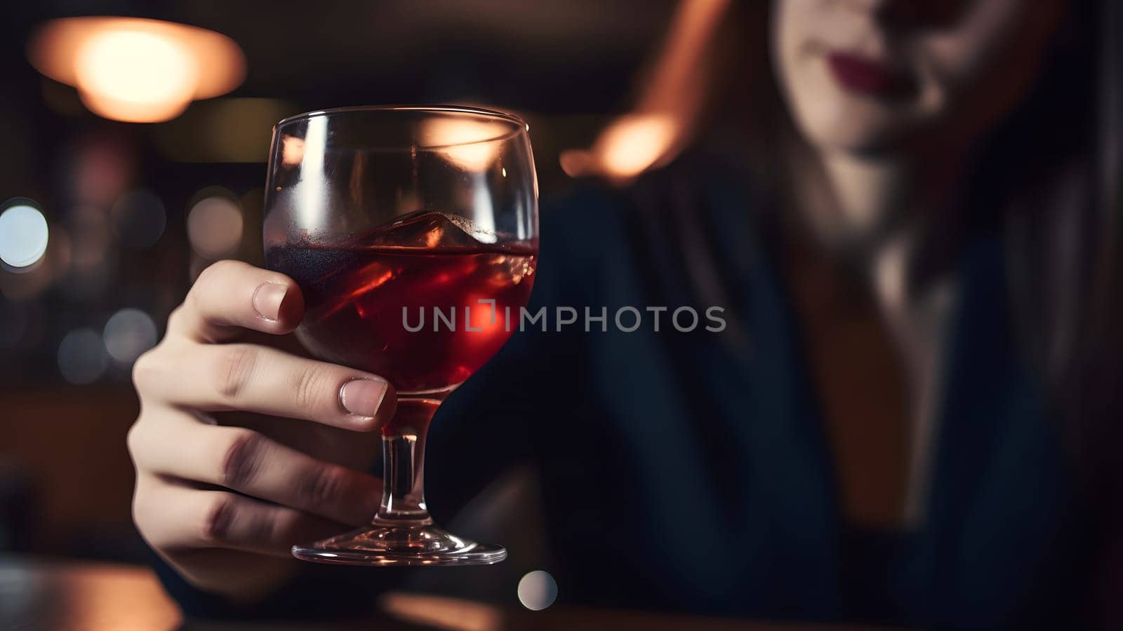 Close up view of caucasian woman holding wineglass with red liquor with ice. Neural network generated in May 2023. Not based on any actual person, scene or pattern.