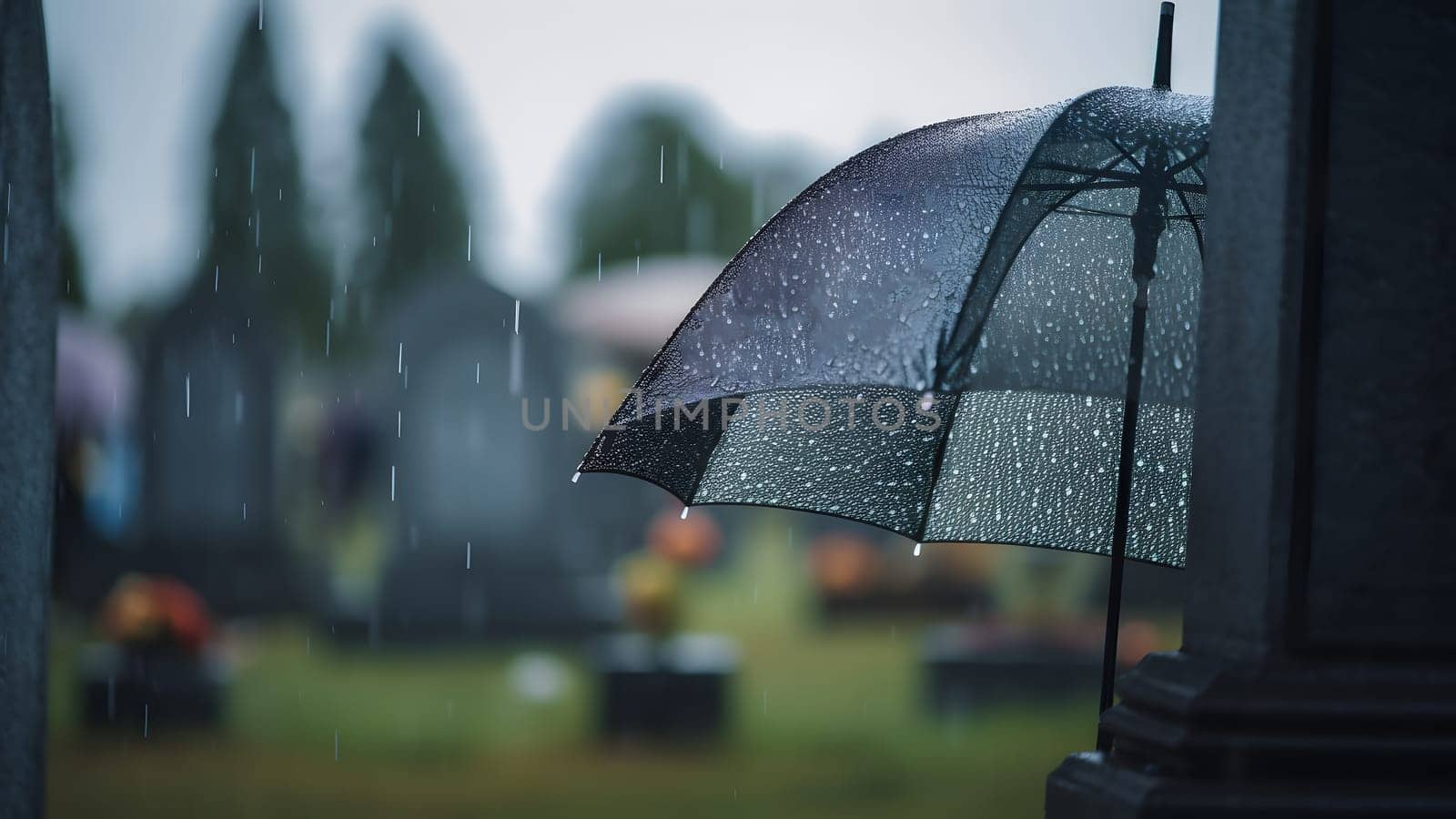 rainy funeral with bokeh. Neural network generated in May 2023. Not based on any actual person, scene or pattern.