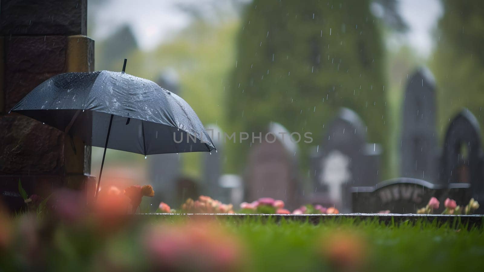 rainy funeral with bokeh, neural network generated photorealistic image by z1b