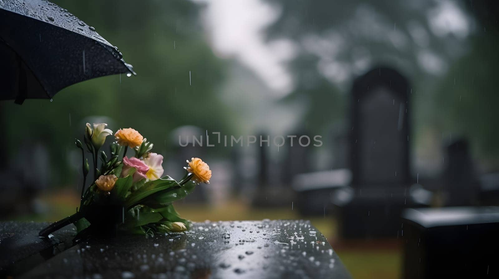 rainy funeral with bokeh, neural network generated photorealistic image by z1b