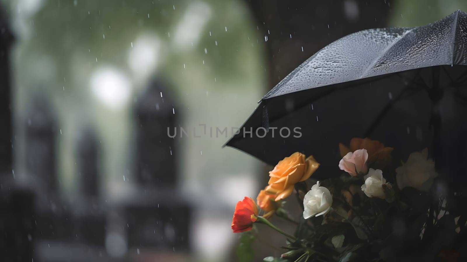 rainy funeral with bokeh, neural network generated photorealistic image by z1b