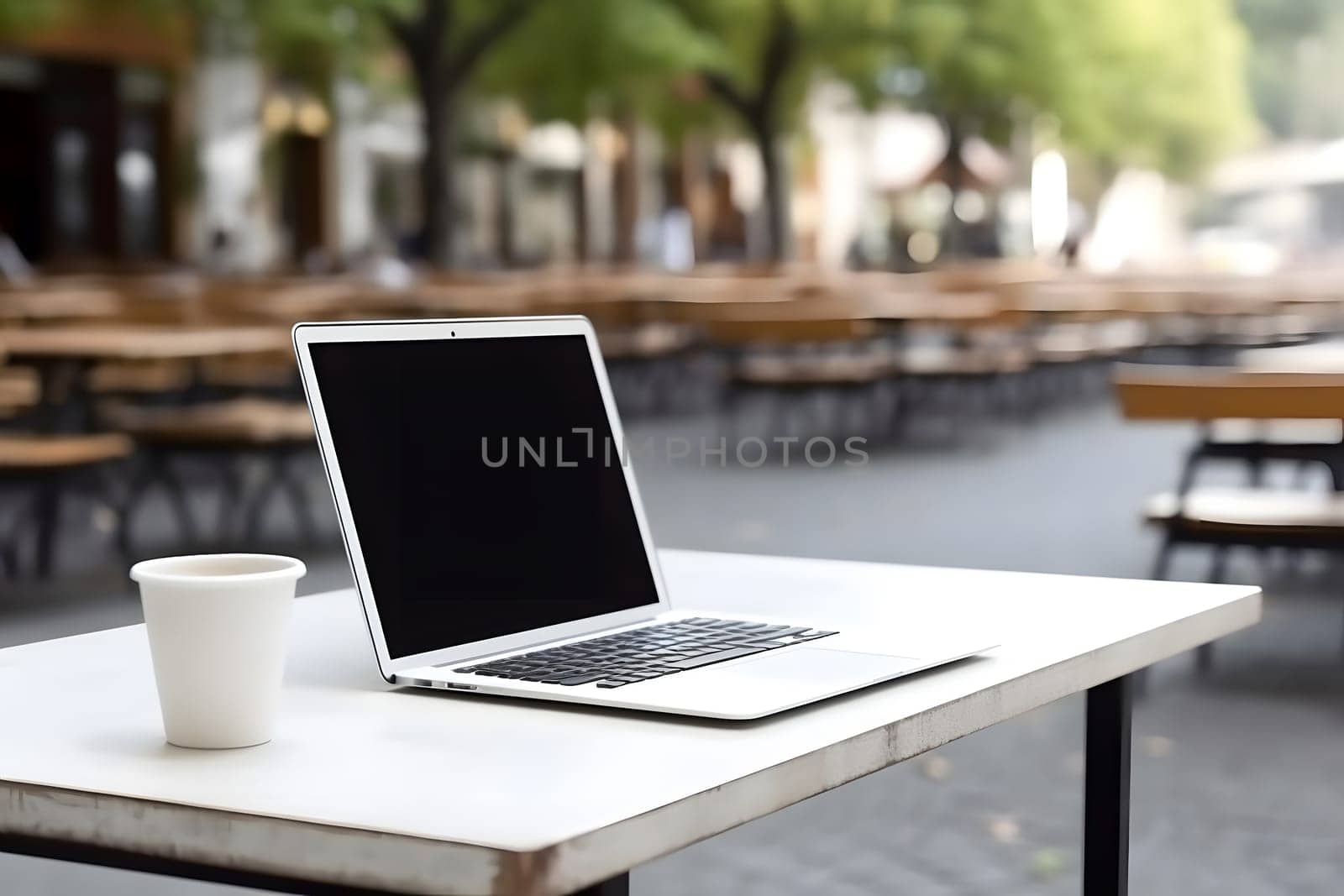 Laptop computer with blank screen on table of public cafe at sommer day. Neural network generated in May 2023. Not based on any actual scene or pattern.
