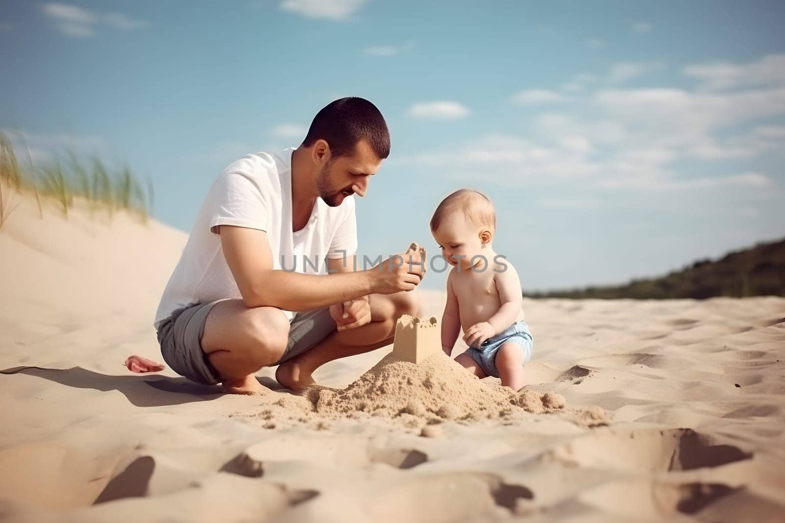 Fathers day. Dad and baby son playing together on sandy beach. Neural network generated in May 2023. Not based on any actual person, scene or pattern.