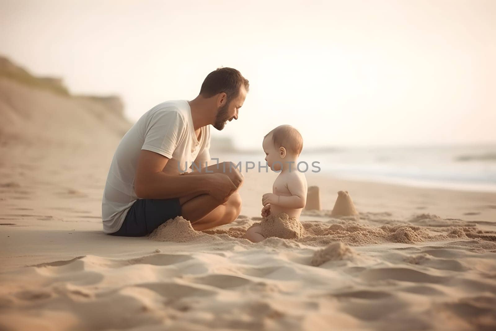 Fathers day. Dad and baby son playing together on sandy beach. Neural network generated in May 2023. Not based on any actual person, scene or pattern.