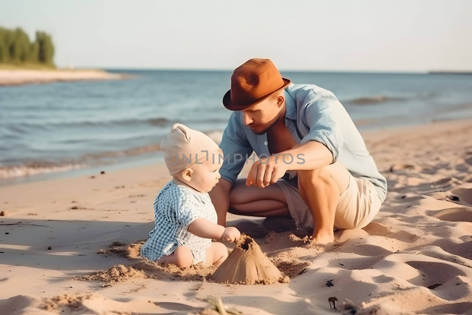 Fathers day. Dad and baby son playing together on sandy beach. Neural network generated in May 2023. Not based on any actual person, scene or pattern.