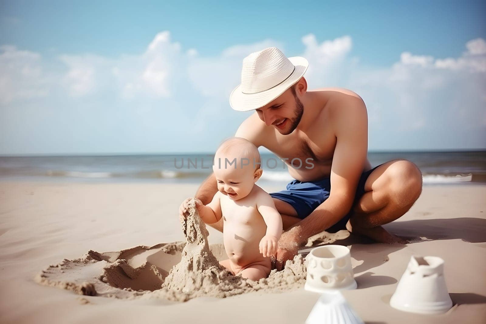 Fathers day. Dad and baby son playing together on sandy beach. Neural network generated in May 2023. Not based on any actual person, scene or pattern.