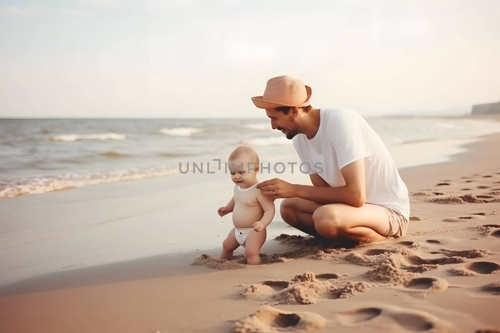 Fathers day. Dad and baby son playing together on sandy beach. Neural network generated in May 2023. Not based on any actual person, scene or pattern.