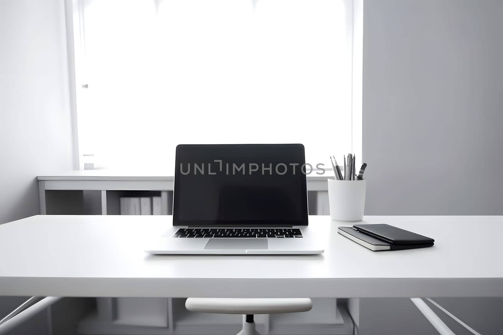 laptop computer on desk table in home or office cabinet, neural network generated photorealistic image by z1b