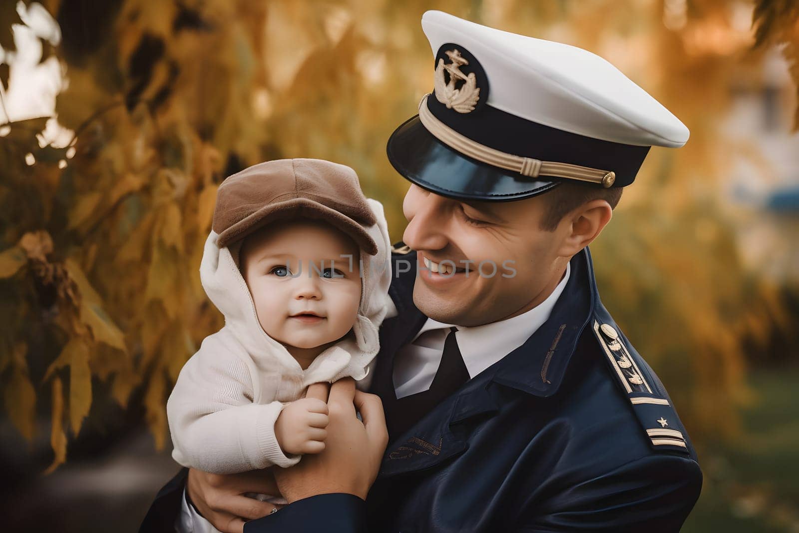Airplane pilot with his son in park at autumnal day for Fathers Day. Neural network generated in May 2023. Not based on any actual person, scene or pattern.