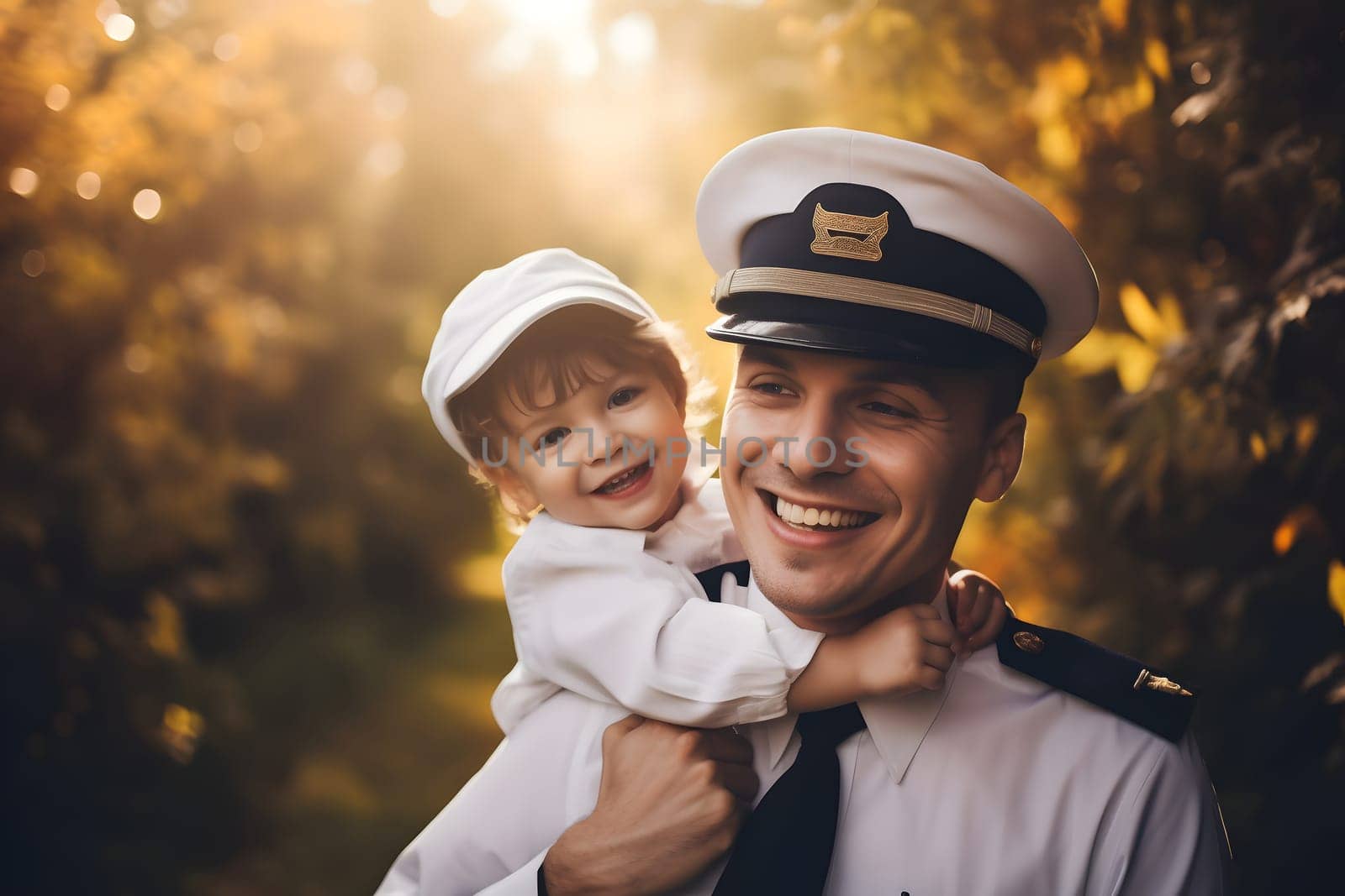 Airplane pilot with his son in park at autumnal day for Fathers Day. Neural network generated in May 2023. Not based on any actual person, scene or pattern.