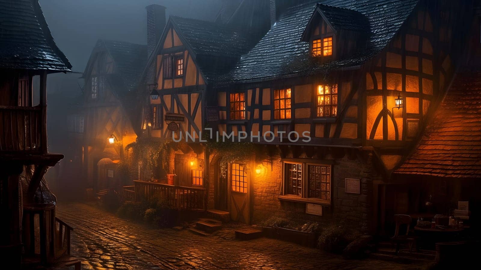 dark foggy night streets of medieval european city. Neural network generated in May 2023. Not based on any actual scene or pattern.