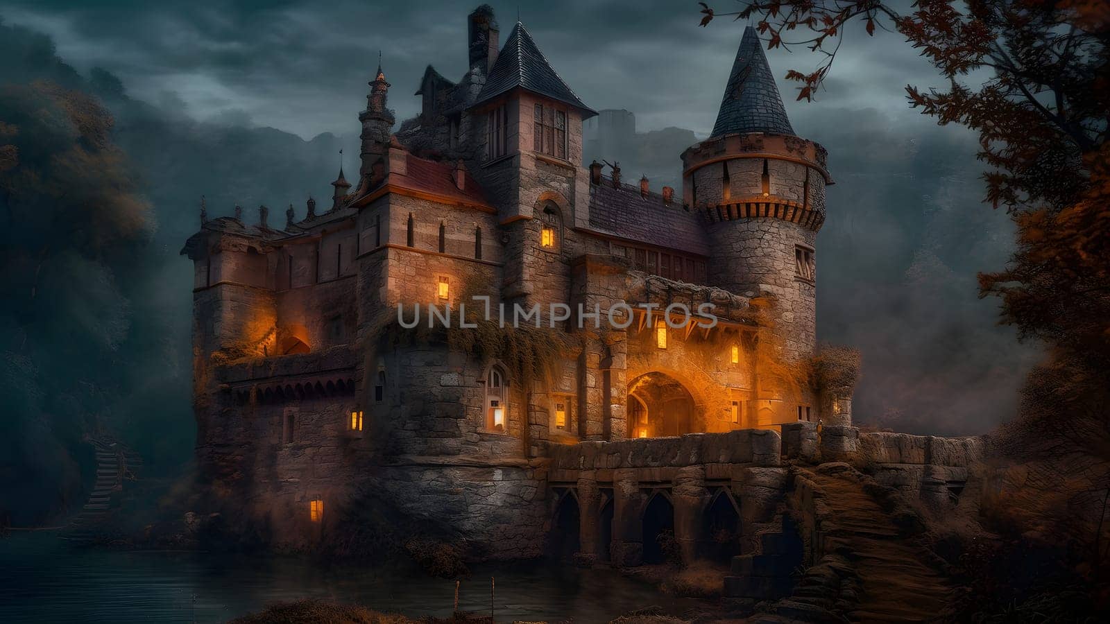 dark foggy night scene with gothic medieval stone castle building. Neural network generated in May 2023. Not based on any actual scene or pattern.