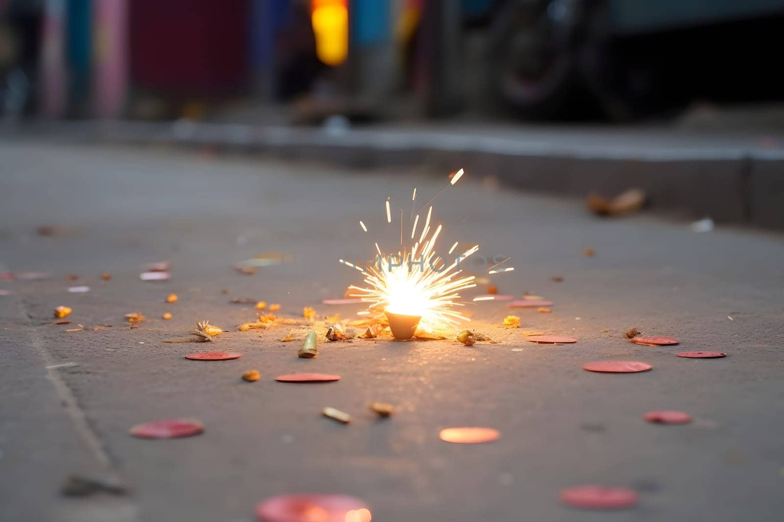 Happy Diwali - Lit diya lamp on street with firecrackers. Neural network generated in May 2023. Not based on any actual person, scene or pattern.