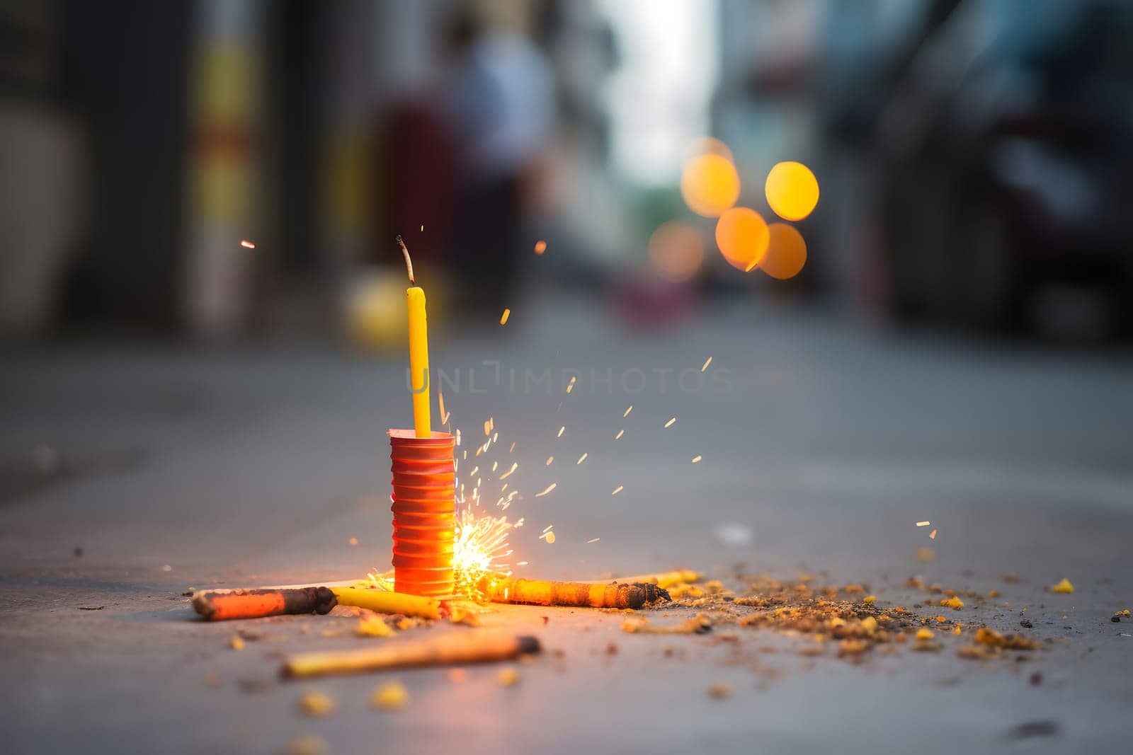 Happy Diwali - Lit diya lamp on street with firecrackers. Neural network generated in May 2023. Not based on any actual person, scene or pattern.