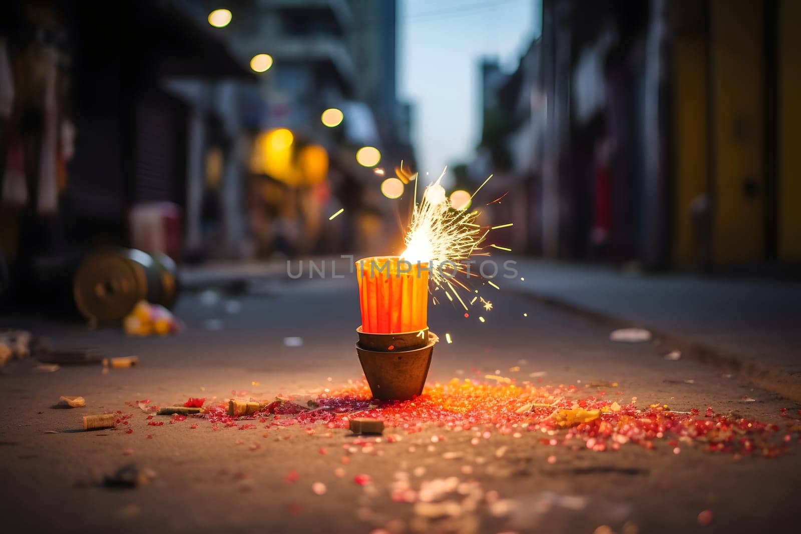 Happy Diwali - Lit diya lamp on street with firecrackers, neural network generated photorealistic image by z1b