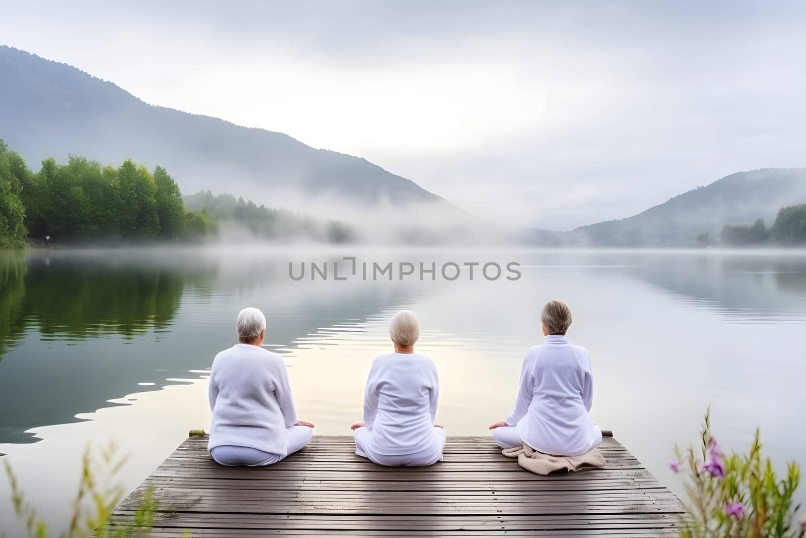 rear view of group of senior women doing yoga exercises on wooden pier in front of summer morning lake, neural network generated photorealistic image by z1b
