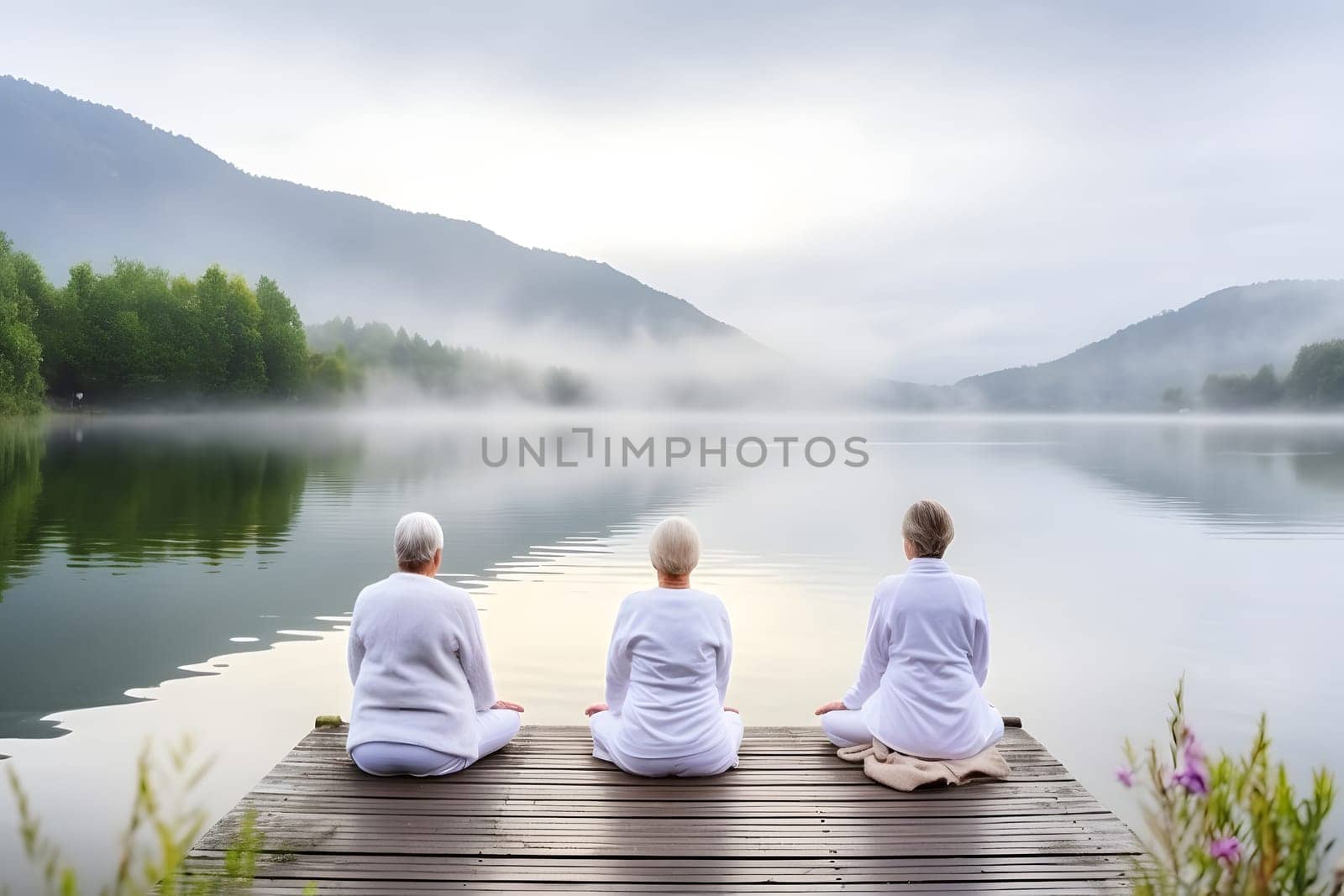 rear view of group of senior women doing yoga exercises on wooden pier in front of summer morning lake. Neural network generated in May 2023. Not based on any actual person, scene or pattern.