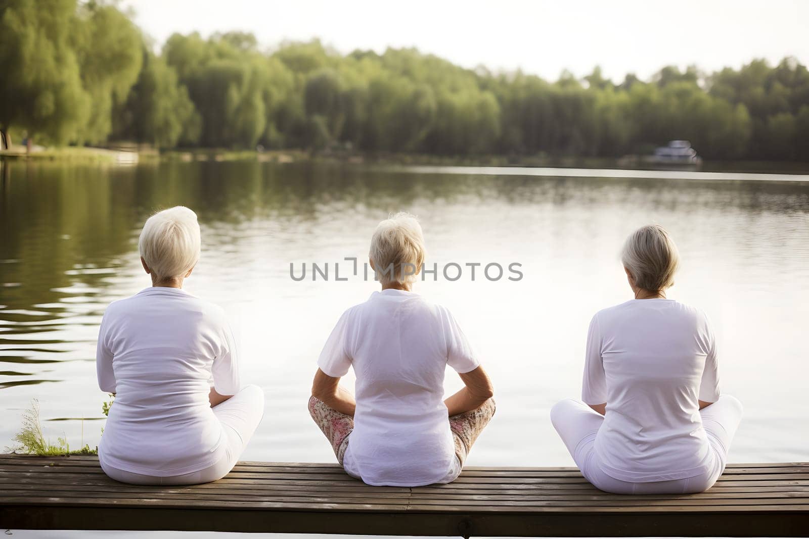 rear view of group of senior women doing yoga exercises on wooden pier in front of summer morning lake. Neural network generated in May 2023. Not based on any actual person, scene or pattern.