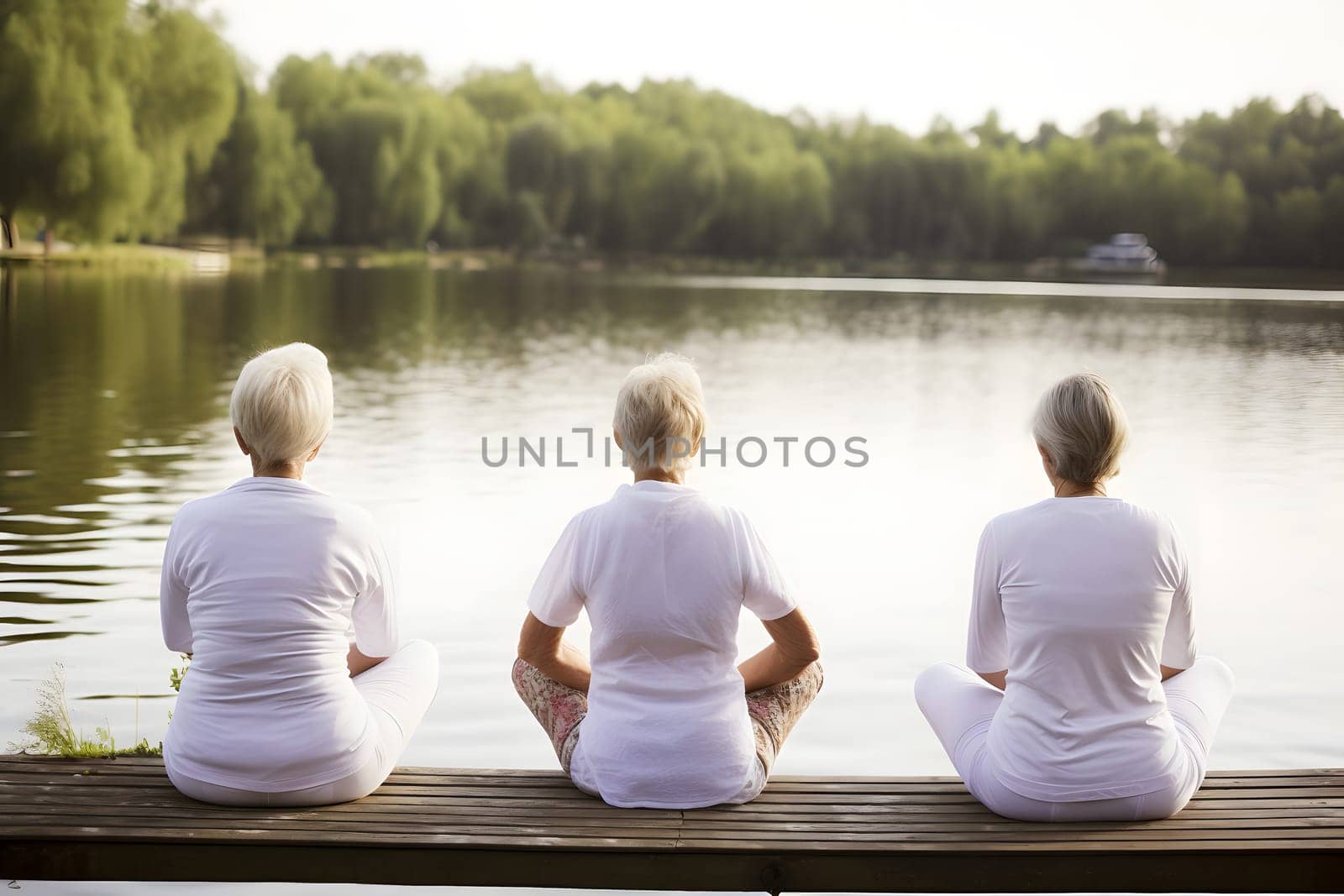 rear view of group of senior women doing yoga exercises on wooden pier in front of summer morning lake, neural network generated photorealistic image by z1b