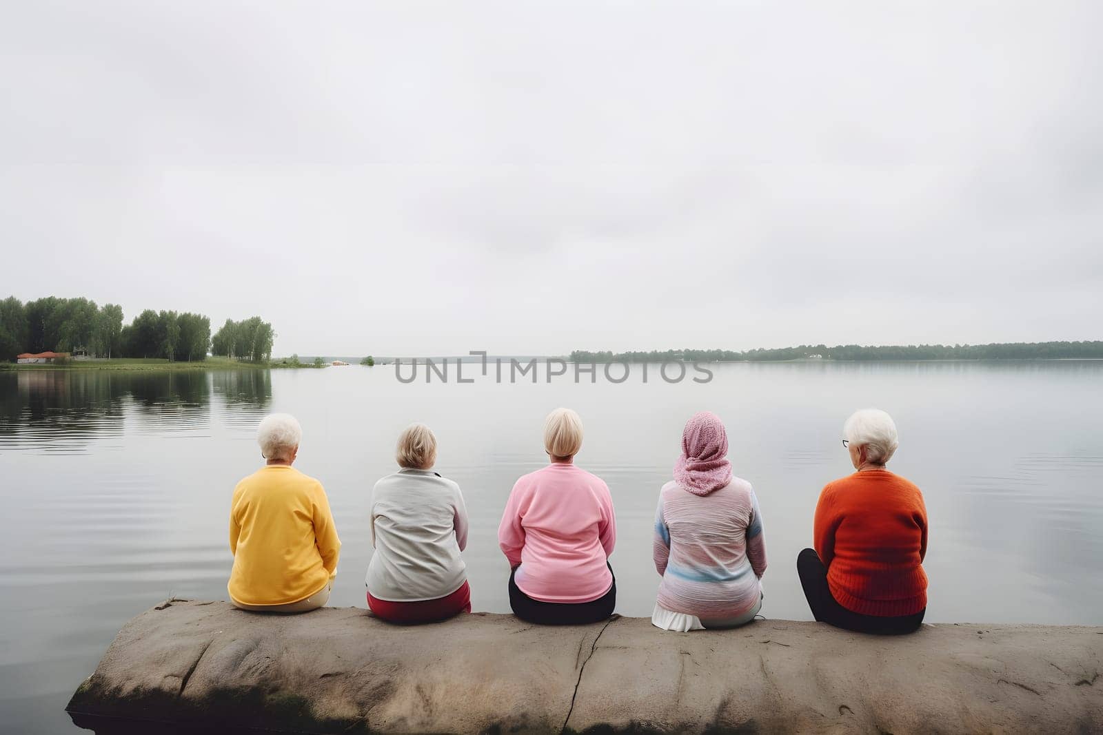 rear view of group of senior women doing yoga exercises in front of summer morning lake, neural network generated photorealistic image by z1b