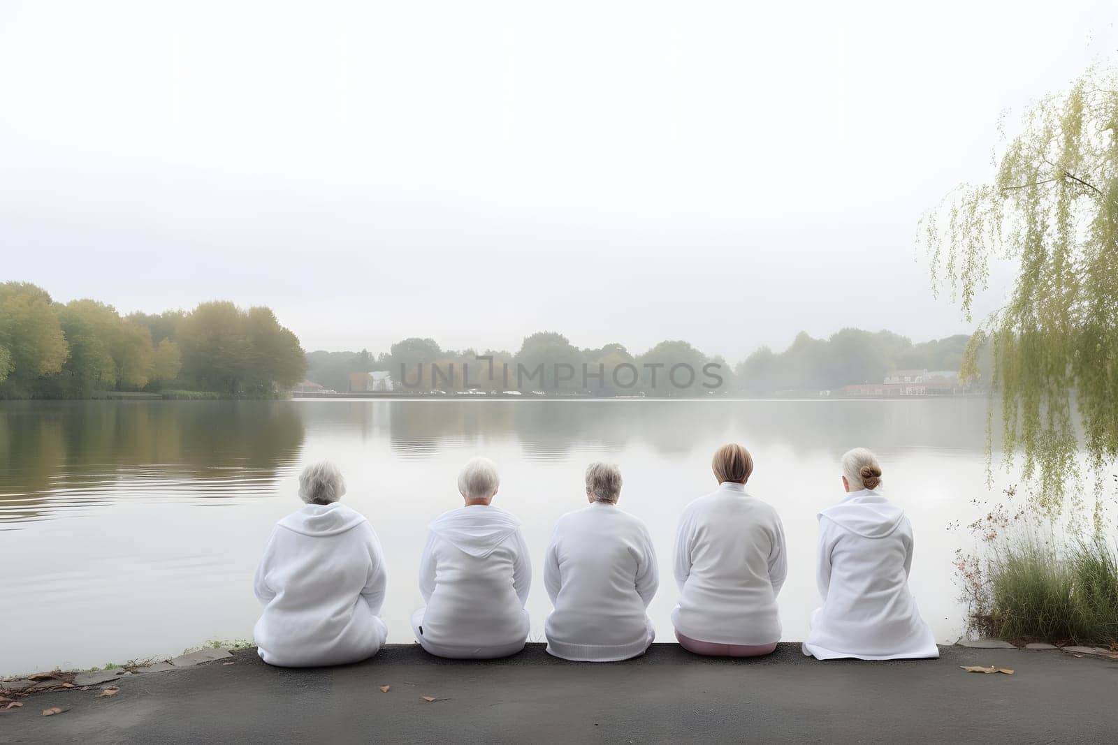 rear view of group of senior women doing yoga exercises n front of summer morning lake. Neural network generated in May 2023. Not based on any actual person, scene or pattern.