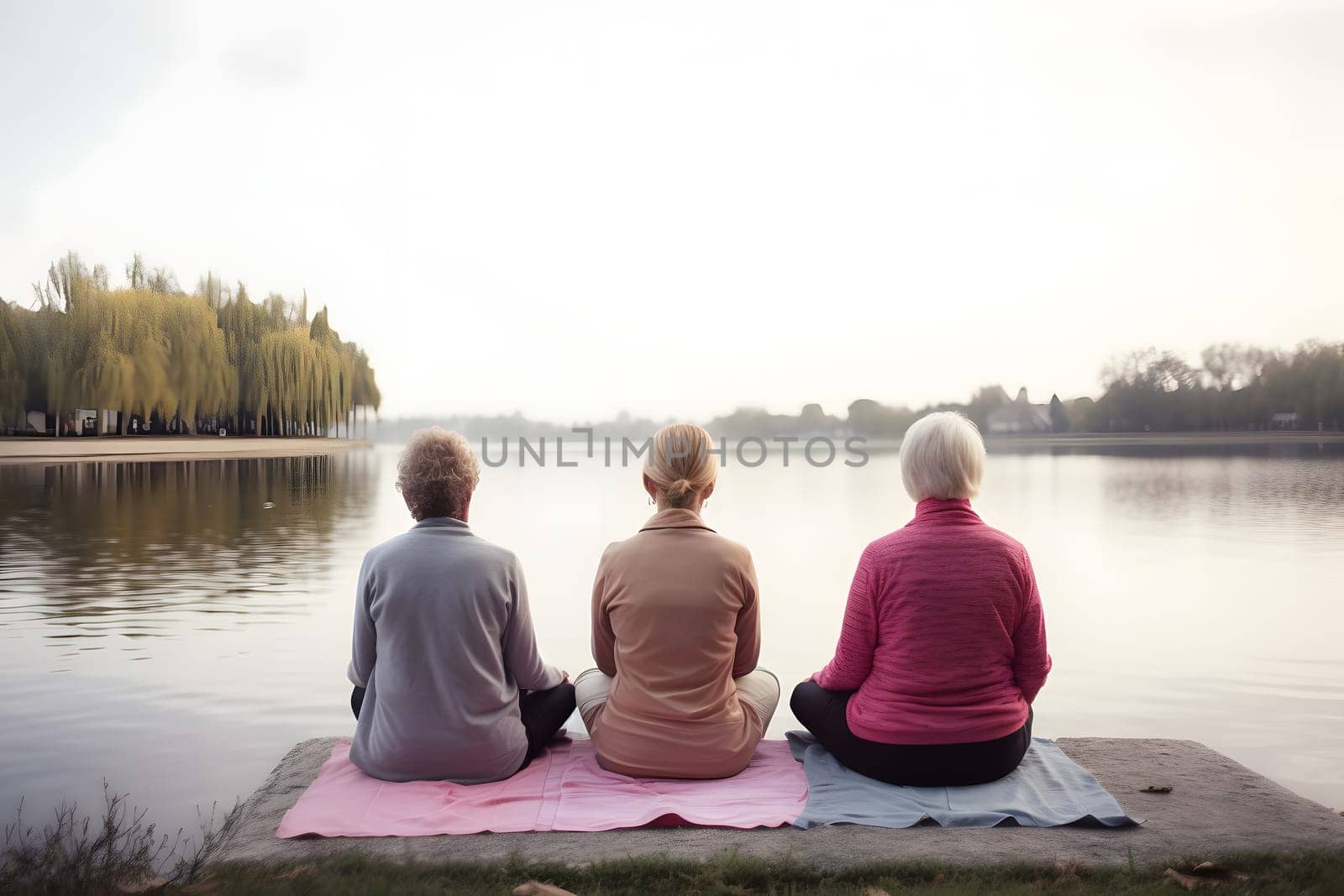 rear view of group of senior women doing yoga exercises in front of summer morning lake, neural network generated photorealistic image by z1b