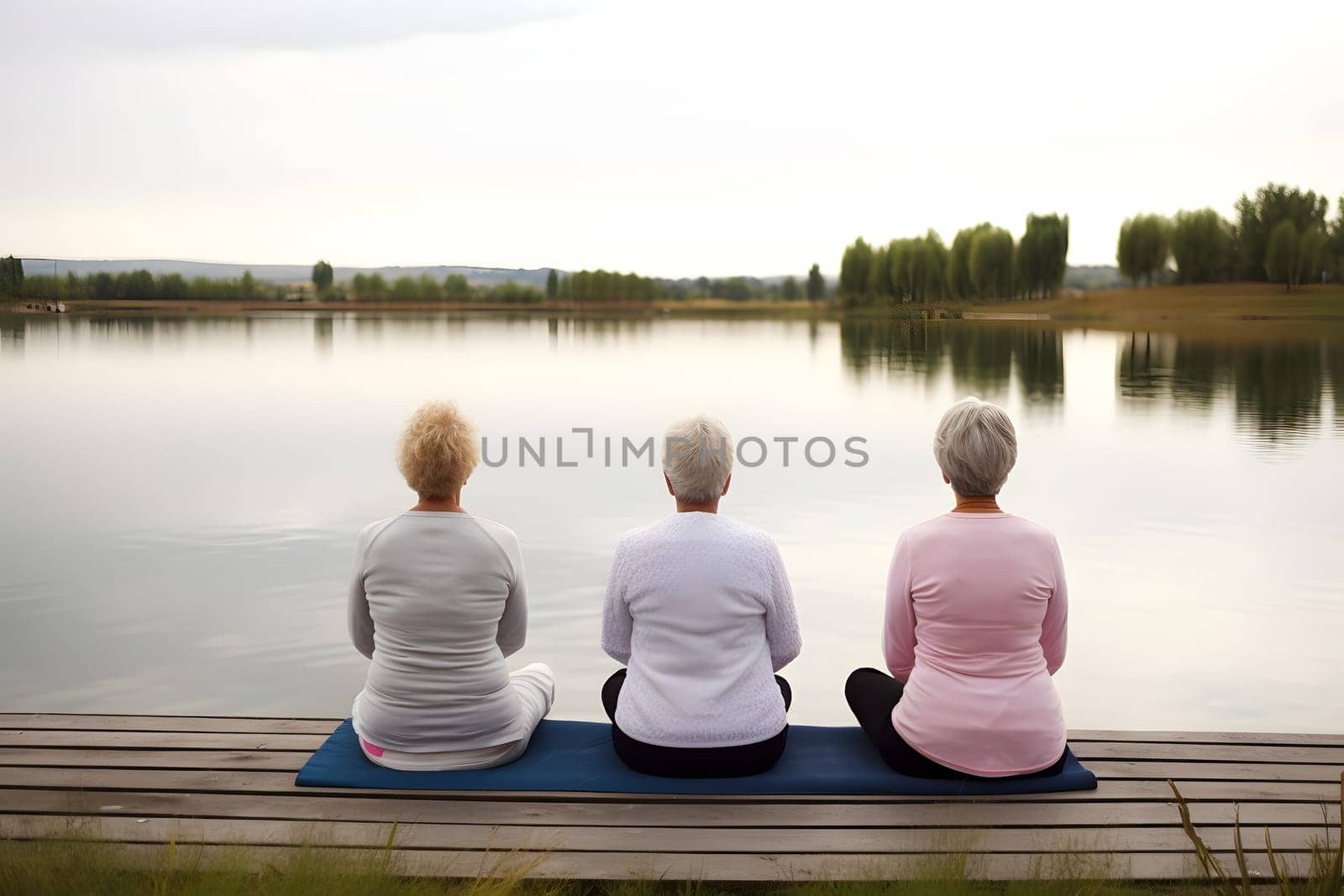 rear view of group of senior women doing yoga exercises on wooden pier in front of summer morning lake. Neural network generated in May 2023. Not based on any actual person, scene or pattern.