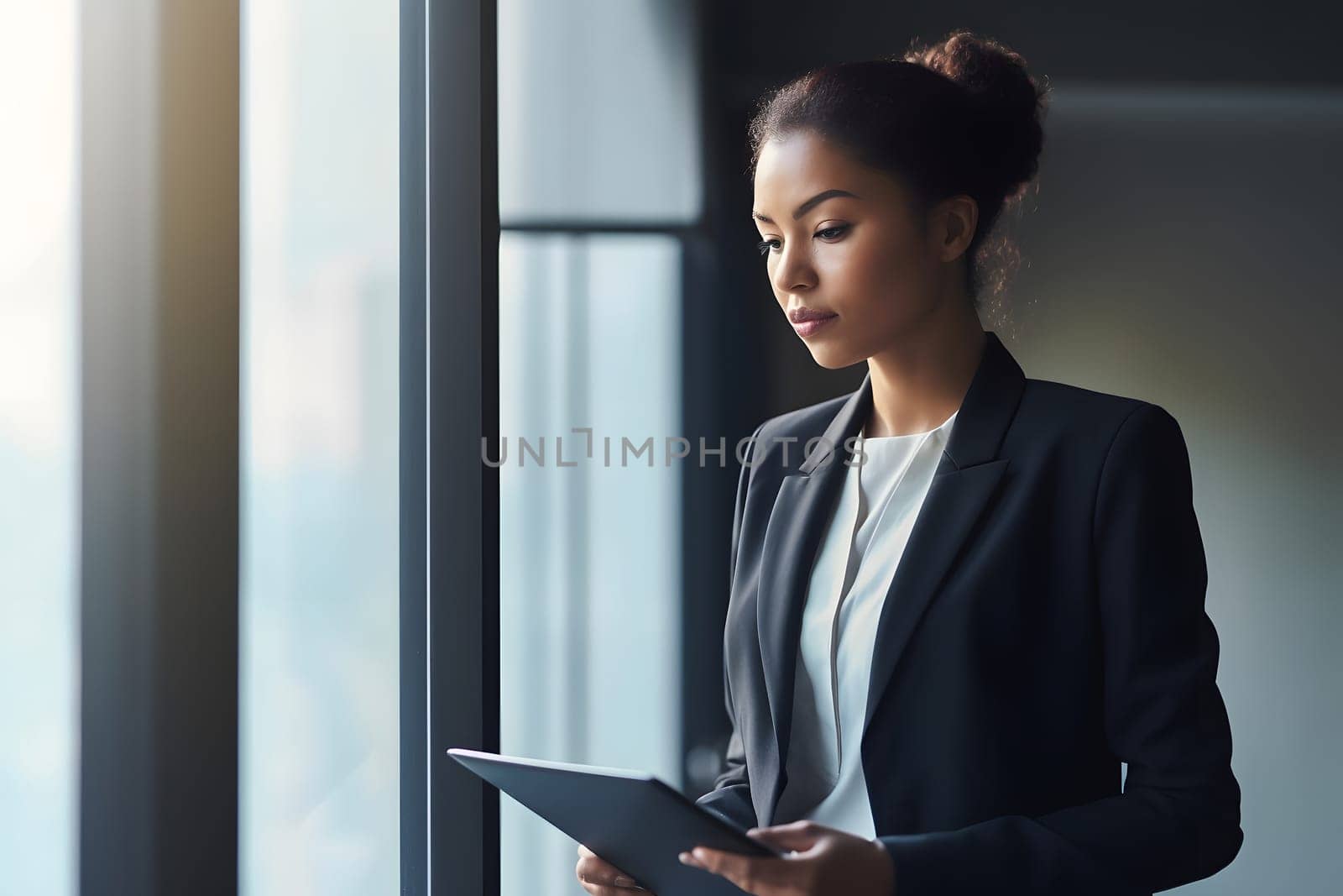 Serious female administrative manager in formal suit standing near window. Neural network generated in May 2023. Not based on any actual person, scene or pattern.