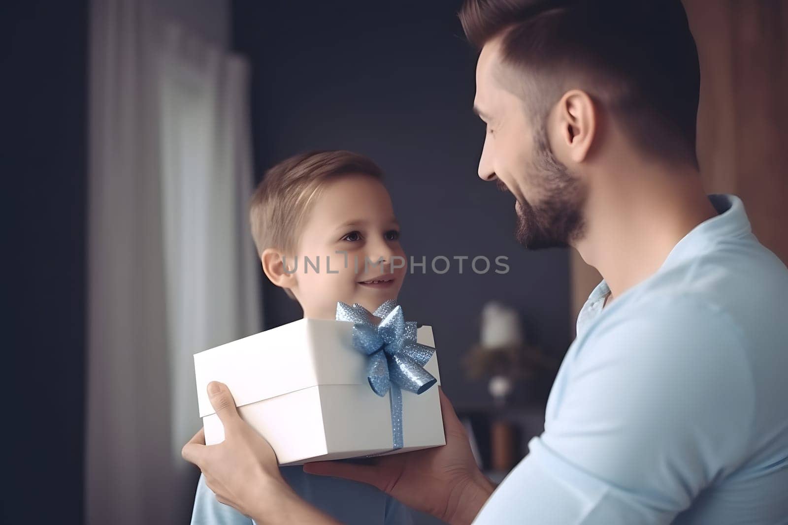 young Caucasian son gives a gift to caucasian dad for Fathers Day. Neural network generated in May 2023. Not based on any actual person, scene or pattern.