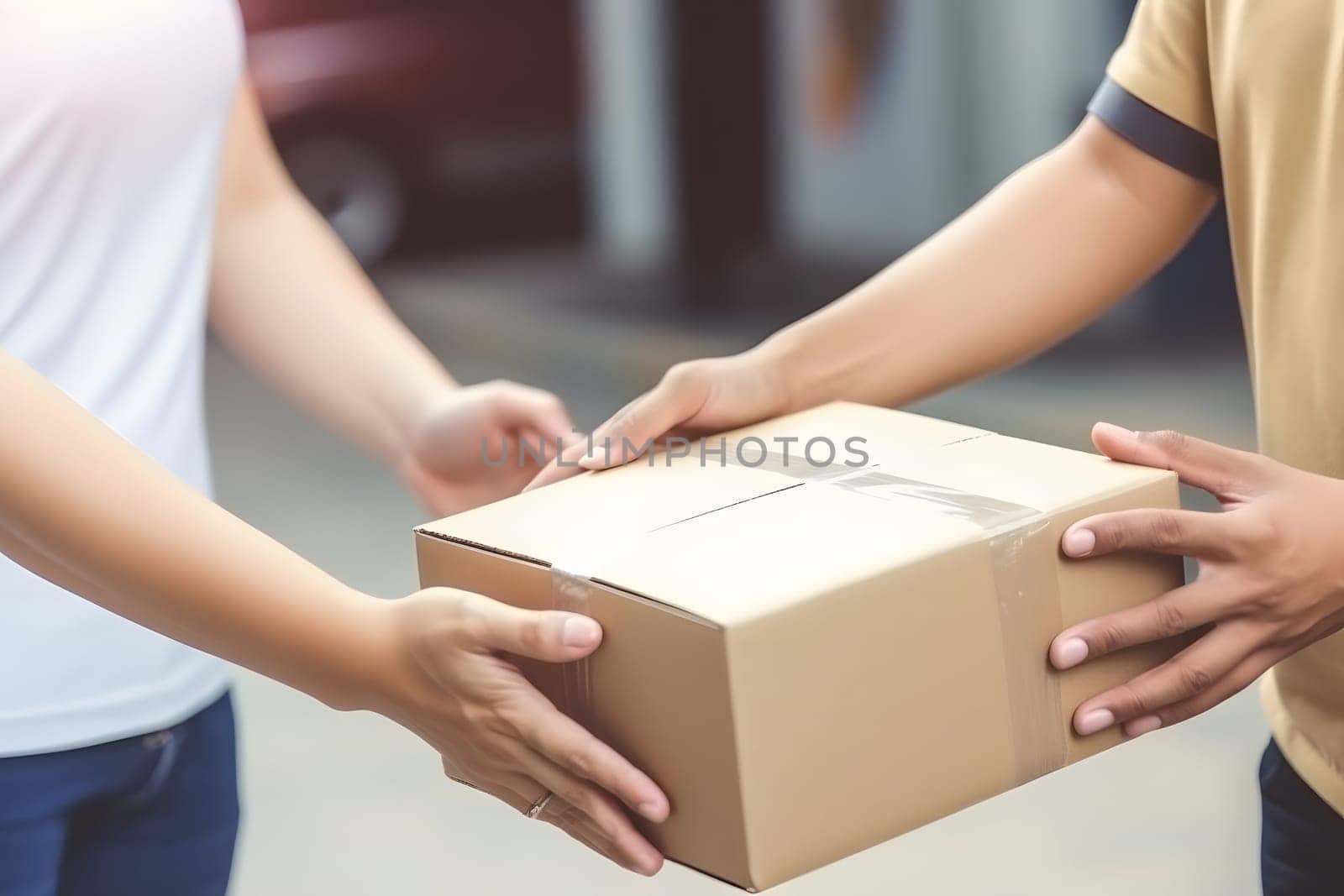 caucasian hands accepting a delivery of boxes, neural network generated photorealistic image by z1b