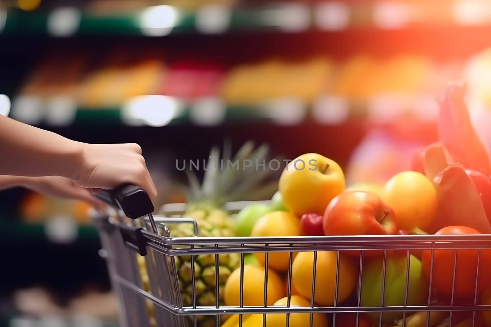 woman hand holding supermarket shopping cart with fruits. Neural network generated in May 2023. Not based on any actual person, scene or pattern.