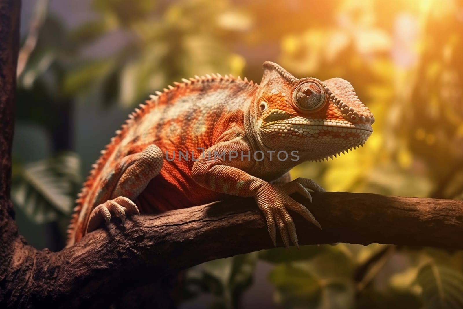 Chameleon basking on a tree branch, generative ai by darekb22