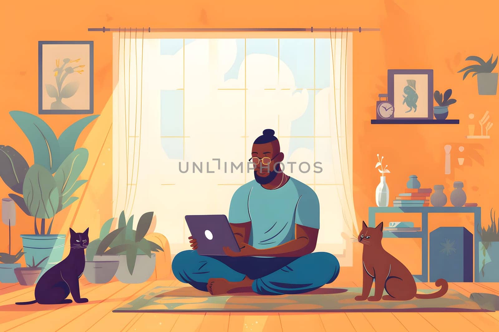 young adult african american man sitting on the floor of domestic room with laptop. Neural network generated in May 2023. Not based on any actual person, scene or pattern.