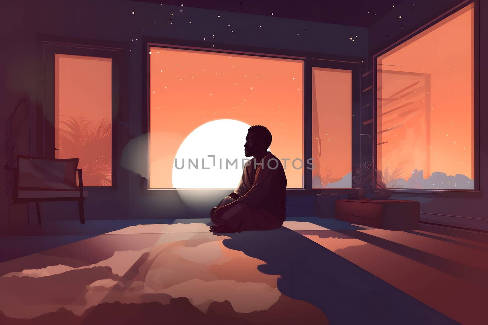 african american man sitting and meditating on the floor of domestic room at sunrise. Neural network generated in May 2023. Not based on any actual person, scene or pattern.