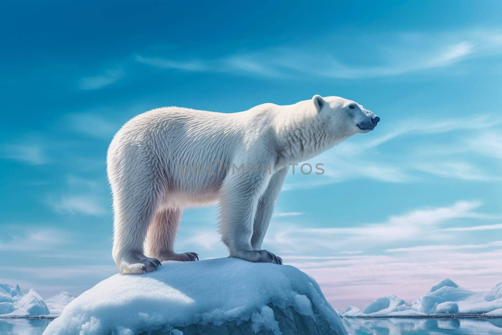 A single large white polar bear stands on a small snow island, generative ai