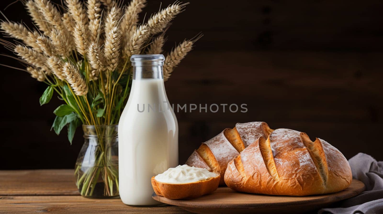 Milk bottle and fresh bread, generative ai