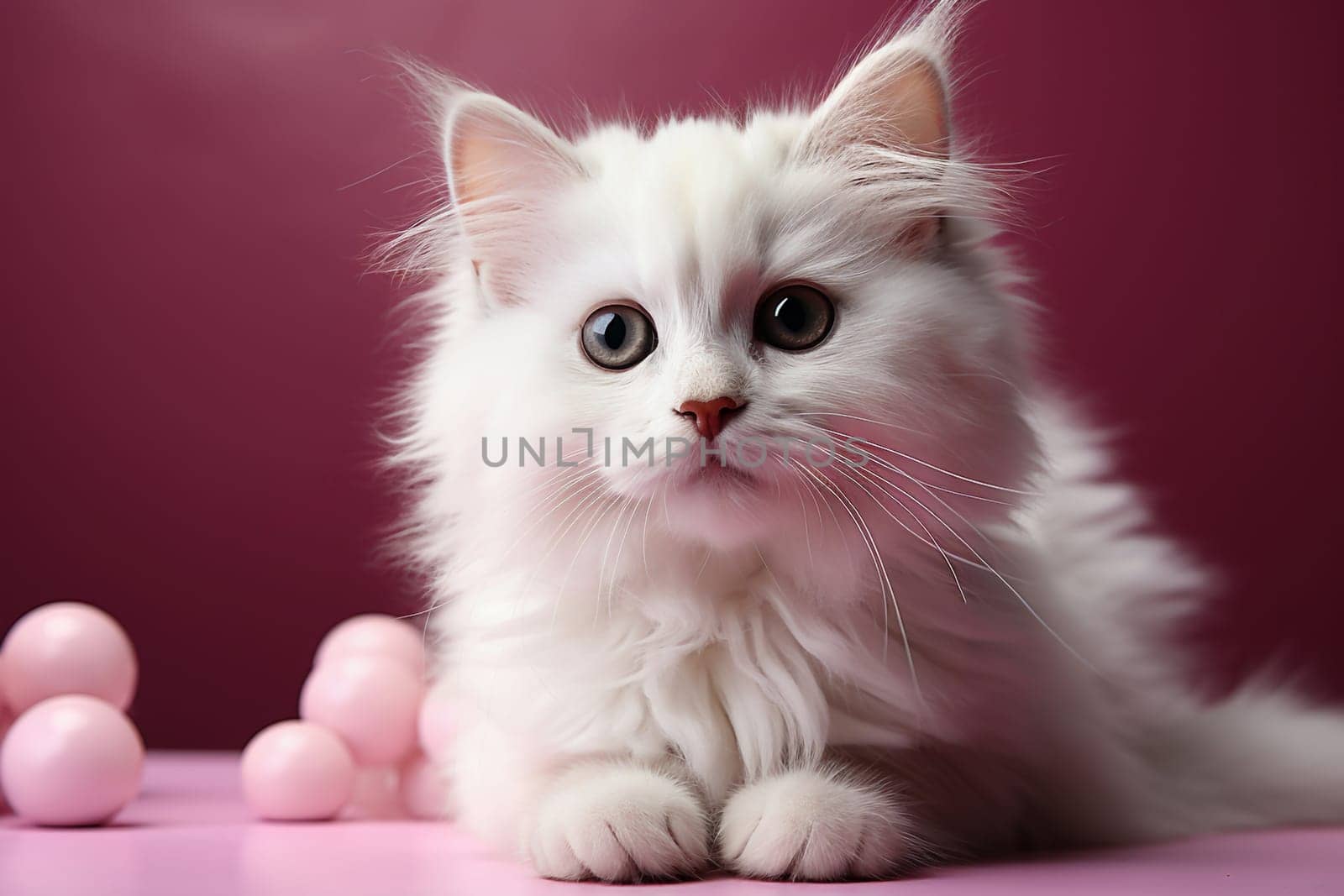 Cute single white long-haired kitten and burgundy background, generative ai