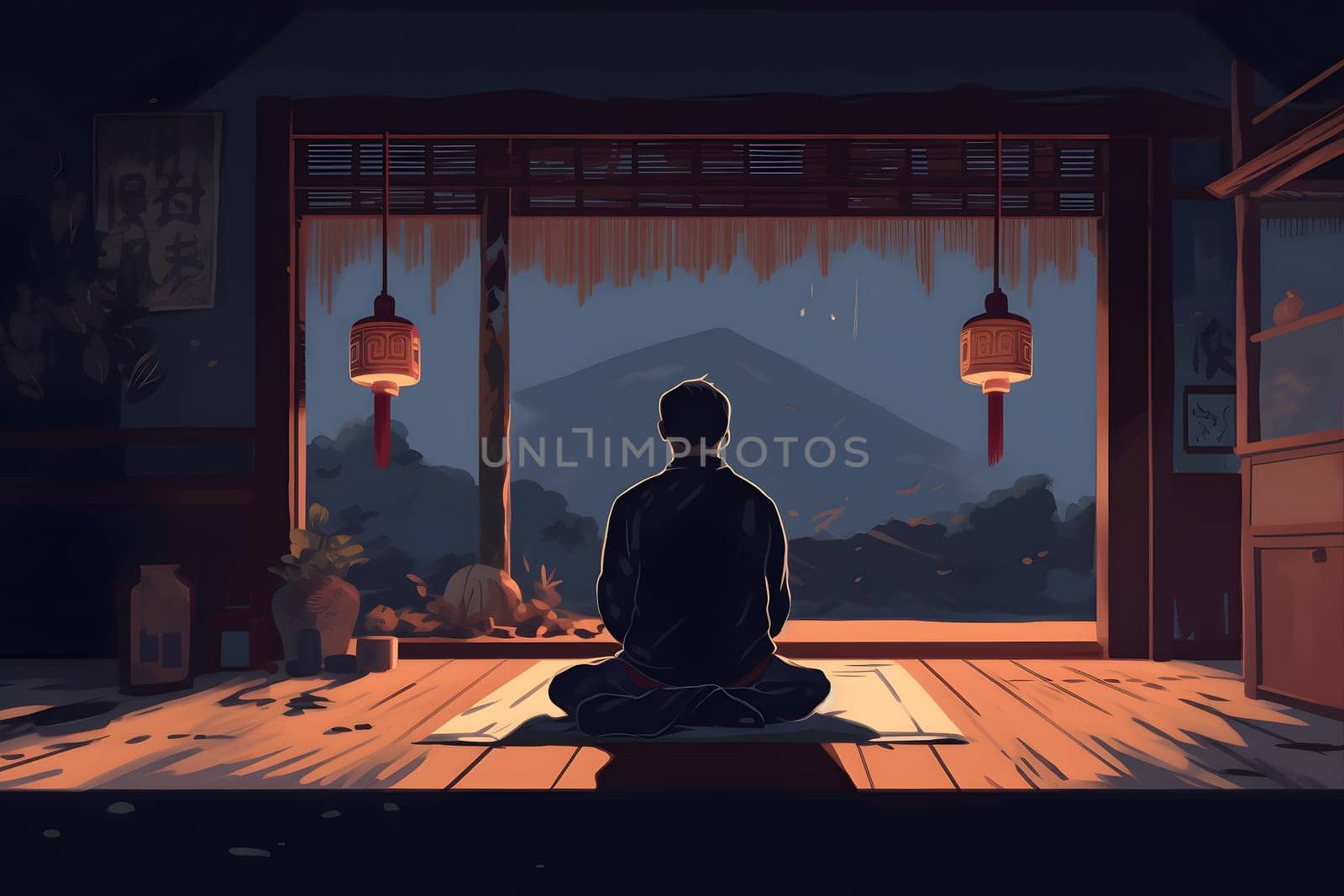 man sitting and meditating on the floor of domestic room in asian style at night, neural network generated 2d style image by z1b