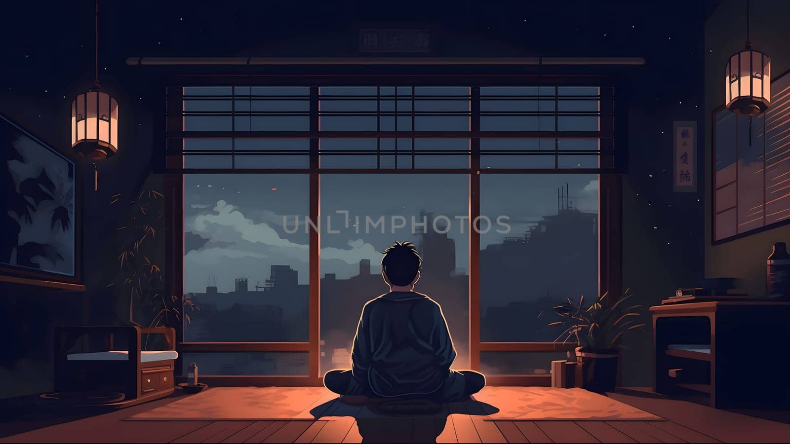 man sitting and meditating on the floor of domestic room in asian style at night. Neural network generated in May 2023. Not based on any actual person, scene or pattern.