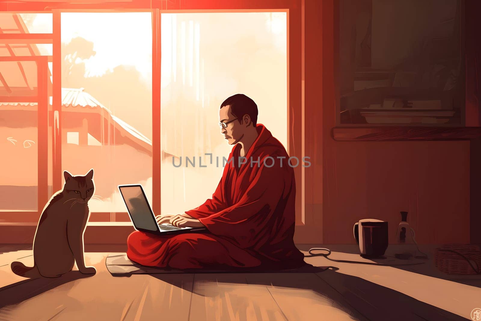 young adult asian man sitting on the floor of domestic room in lotus position with laptop at morning, neural network generated 2d style image by z1b