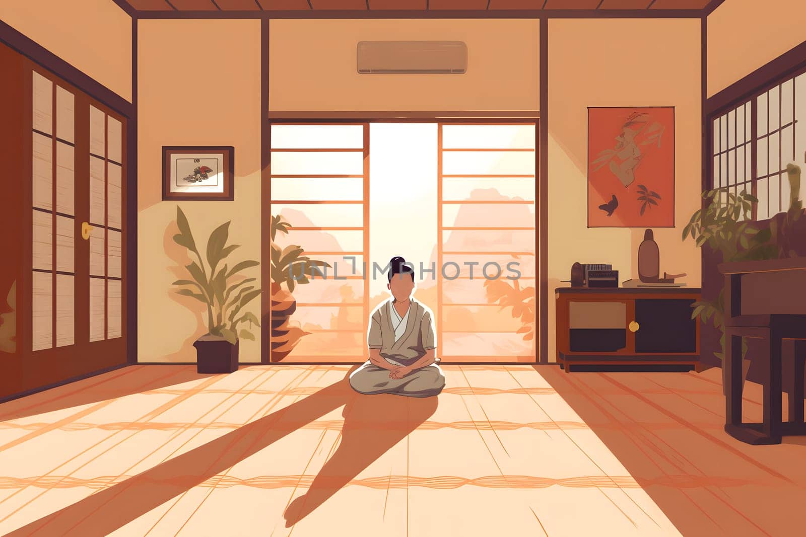 woman sitting on the floor of domestic asian style room at sunrise or sunset. Neural network generated in May 2023. Not based on any actual person, scene or pattern.
