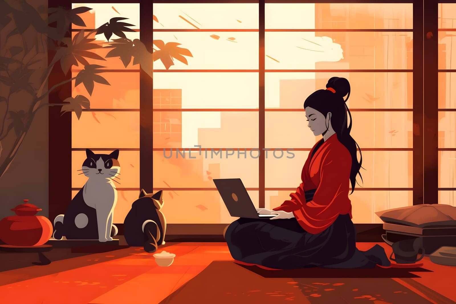 asian woman with laptop sitting on the floor of domestic room at sunrise or sunset. Neural network generated in May 2023. Not based on any actual person, scene or pattern.